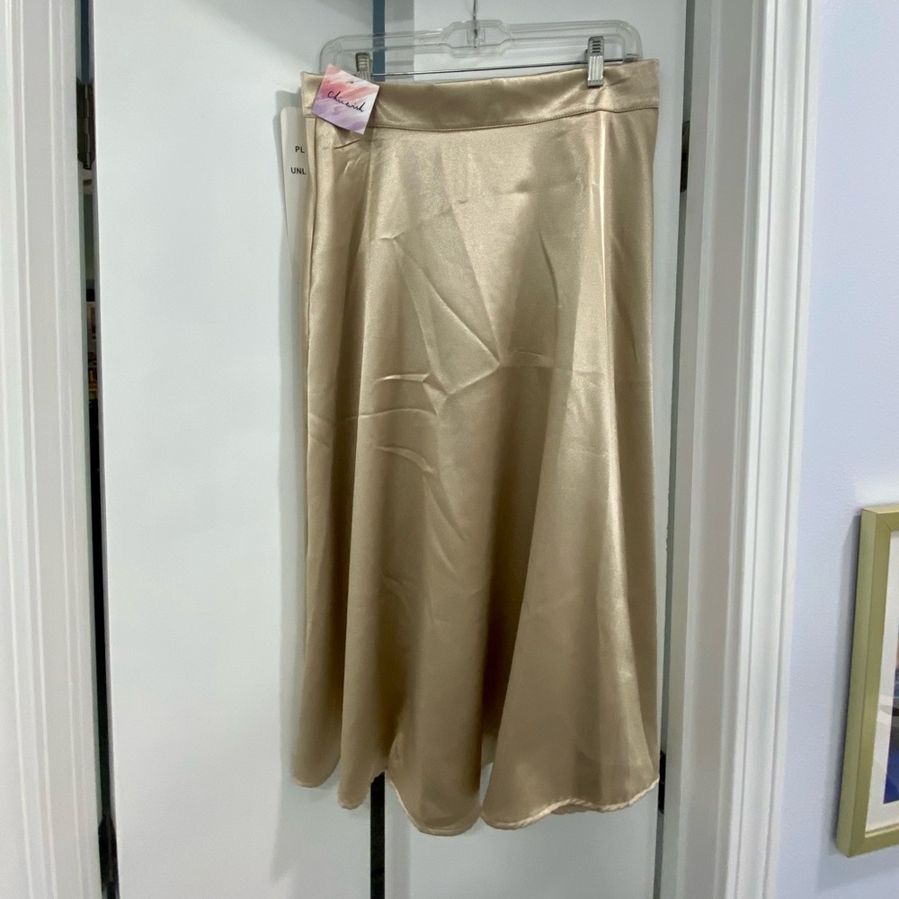 NWT Chicwish Metallic Champagne Gold Satin Midi Skirt sz L Large